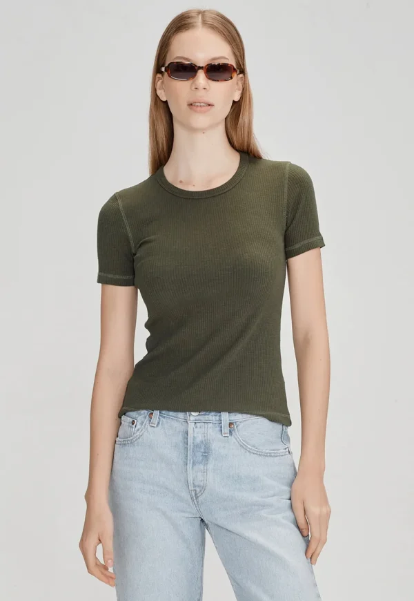 Hot Base Ribbed SS Tee - Khaki Women Tops & Tees