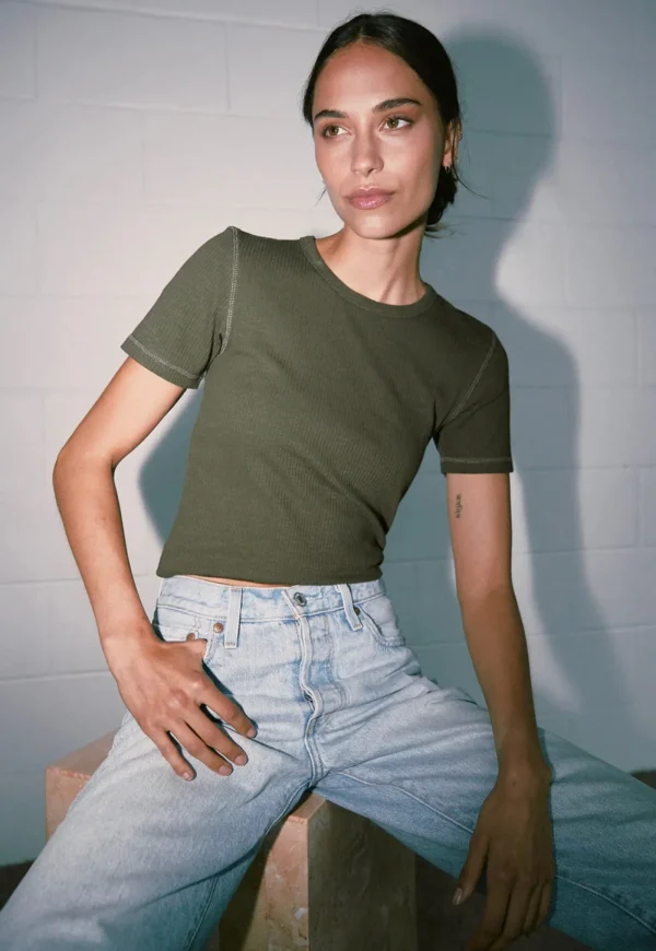 Hot Base Ribbed SS Tee - Khaki Women Tops & Tees