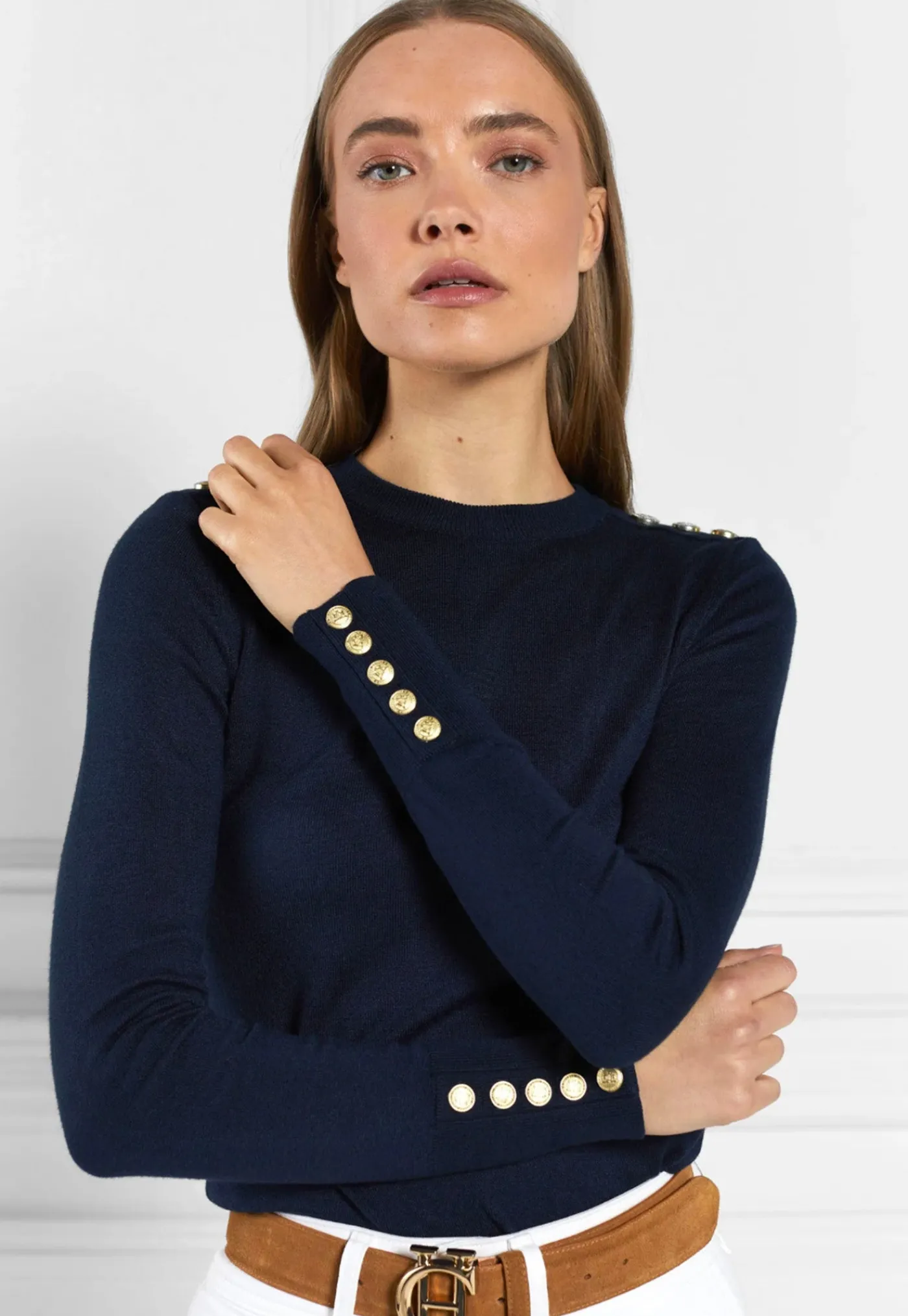buttoned_knit_crew_neck___0-2.webp Online Buttoned Knit Crew Neck - Ink Navy Women Tops & Tees | Knitwear