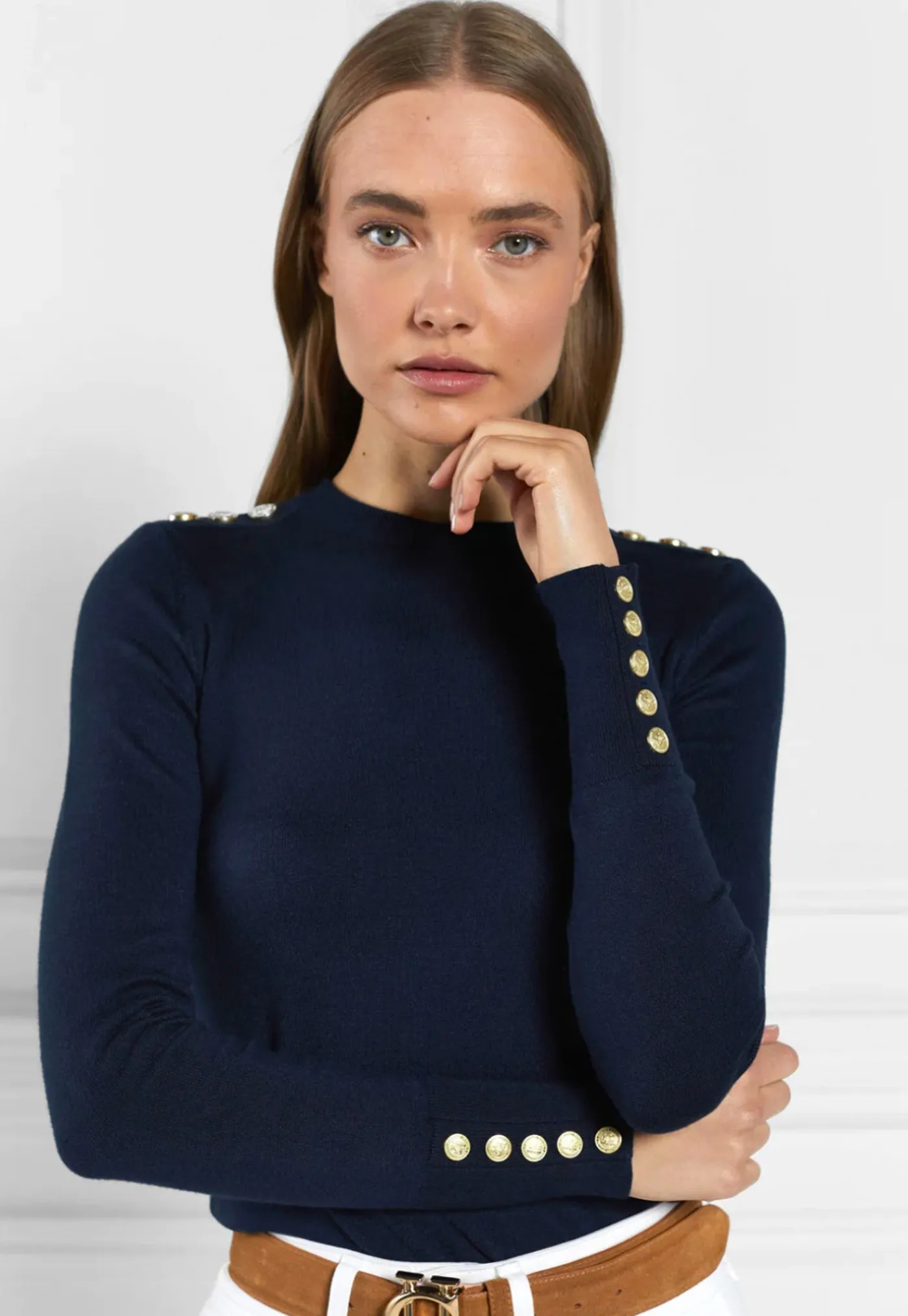 buttoned_knit_crew_neck___1-2.webp Online Buttoned Knit Crew Neck - Ink Navy Women Tops & Tees | Knitwear