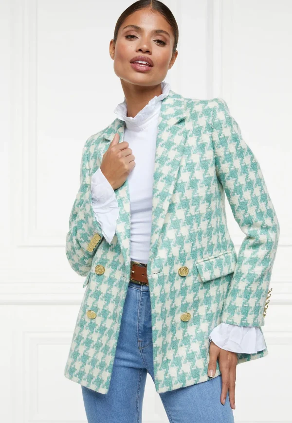Fashion Double Breasted Blazer - Large Scale Teal Houndstooth Women Blazers & Jackets