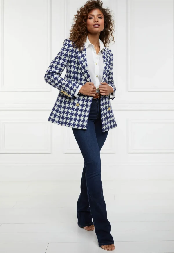 Online Double Breasted Blazer - Large Scale Navy Houndstooth Women Blazers & Jackets