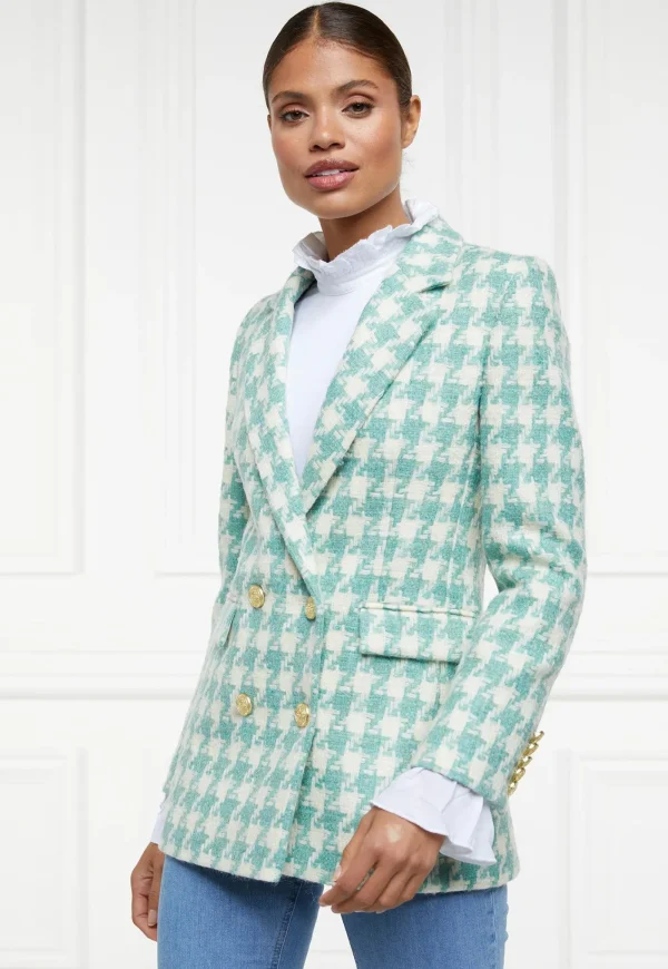 Fashion Double Breasted Blazer - Large Scale Teal Houndstooth Women Blazers & Jackets