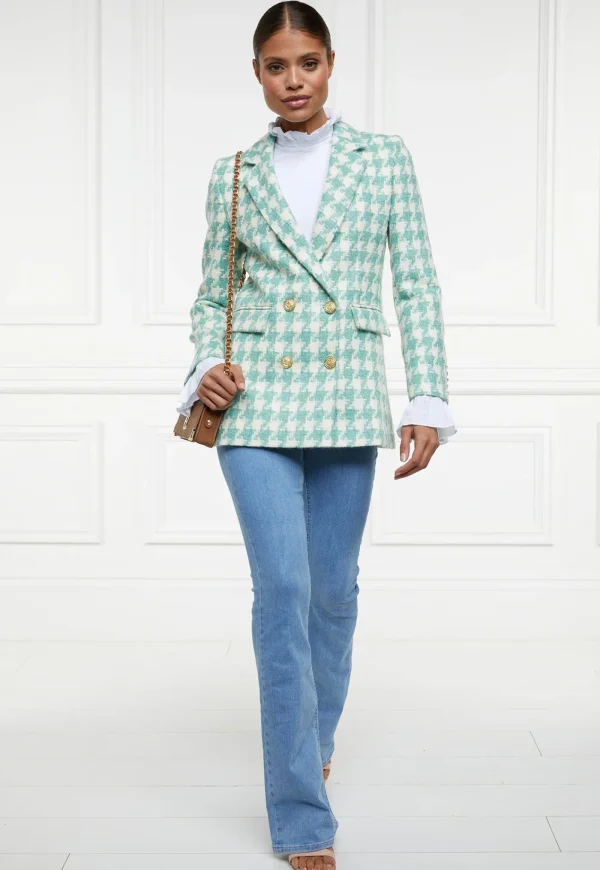Fashion Double Breasted Blazer - Large Scale Teal Houndstooth Women Blazers & Jackets