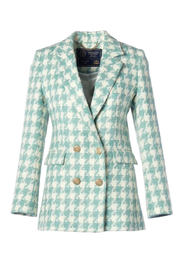 Fashion Double Breasted Blazer - Large Scale Teal Houndstooth Women Blazers & Jackets