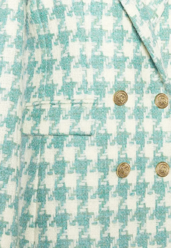 Fashion Double Breasted Blazer - Large Scale Teal Houndstooth Women Blazers & Jackets