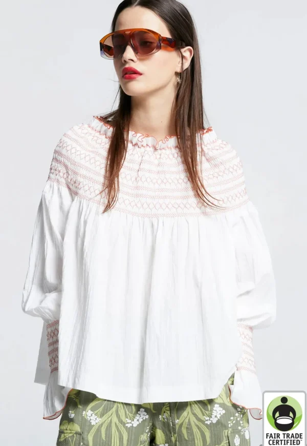 Fashion Gaia Long Sleeve Smocked Blouse - Organic Cotton White/Watermelon Women Tops & Tees