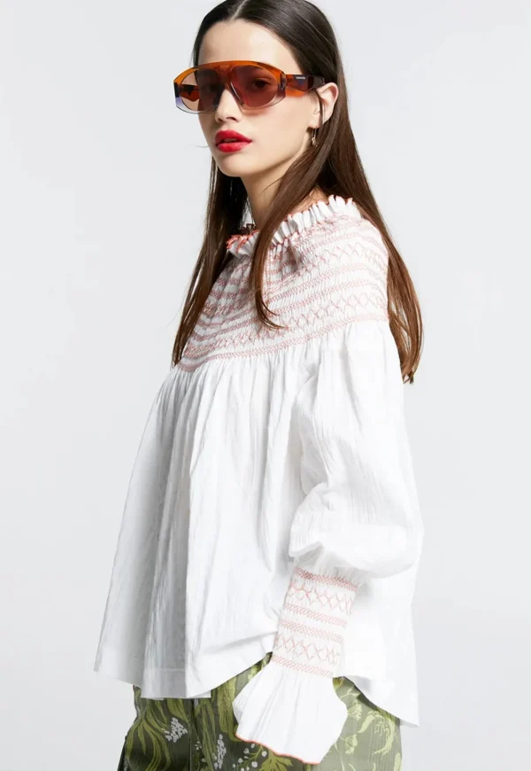 Fashion Gaia Long Sleeve Smocked Blouse - Organic Cotton White/Watermelon Women Tops & Tees