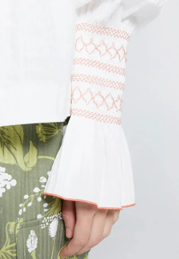 Fashion Gaia Long Sleeve Smocked Blouse - Organic Cotton White/Watermelon Women Tops & Tees