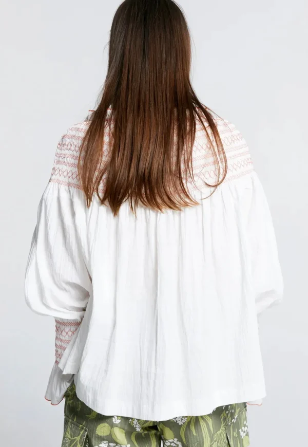 Fashion Gaia Long Sleeve Smocked Blouse - Organic Cotton White/Watermelon Women Tops & Tees