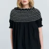 New Gaia Smocked Blouse - Organic Cotton Black/Off-White Women Tops & Tees