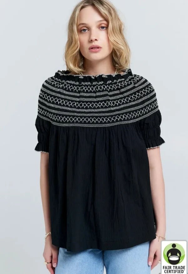 New Gaia Smocked Blouse - Organic Cotton Black/Off-White Women Tops & Tees