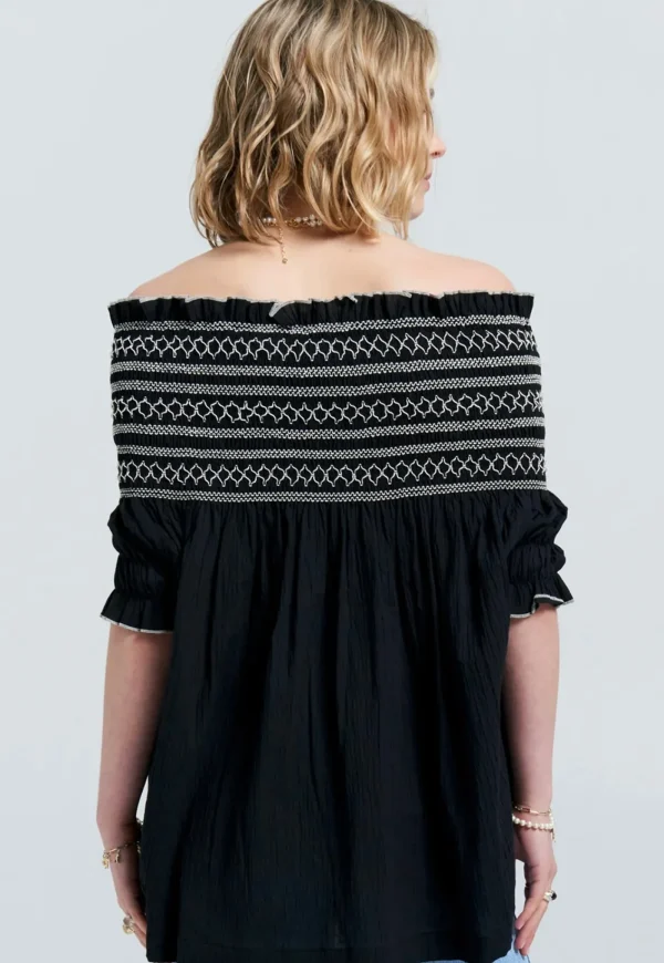 New Gaia Smocked Blouse - Organic Cotton Black/Off-White Women Tops & Tees