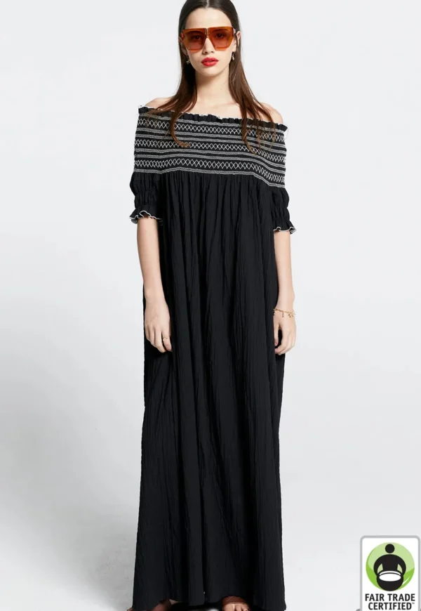 Clearance Gaia Smocked Dress - Organic Cotton Black/Off-White Women Dresses