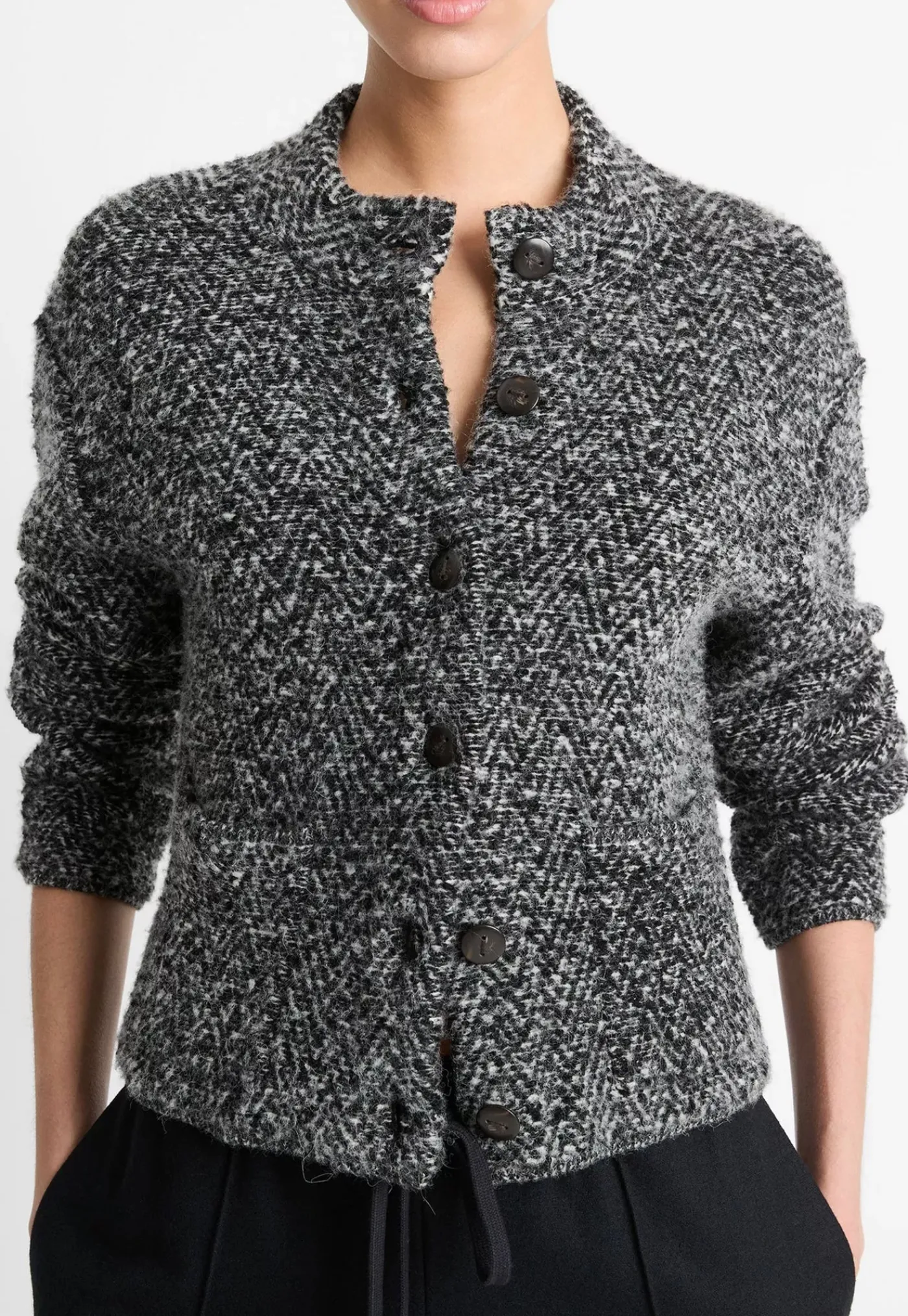 herringbone_textured_card_1.webp Clearance Herringbone Textured Cardi Jacket - Black/Off White Women Blazers & Jackets