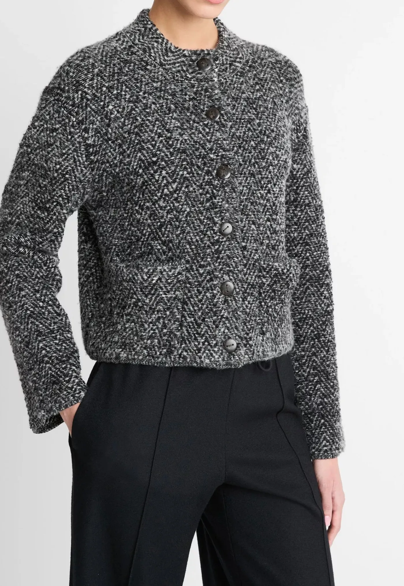 herringbone_textured_card_2.webp Clearance Herringbone Textured Cardi Jacket - Black/Off White Women Blazers & Jackets