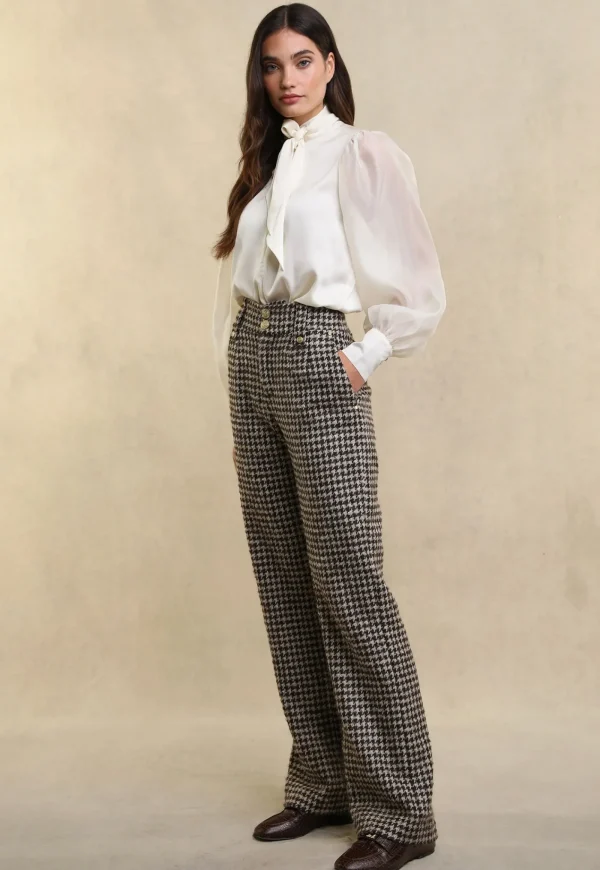 Sale High Waisted Straight Trouser - Coffee Houndstooth Women Pants