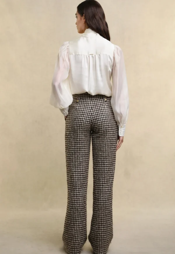 Sale High Waisted Straight Trouser - Coffee Houndstooth Women Pants