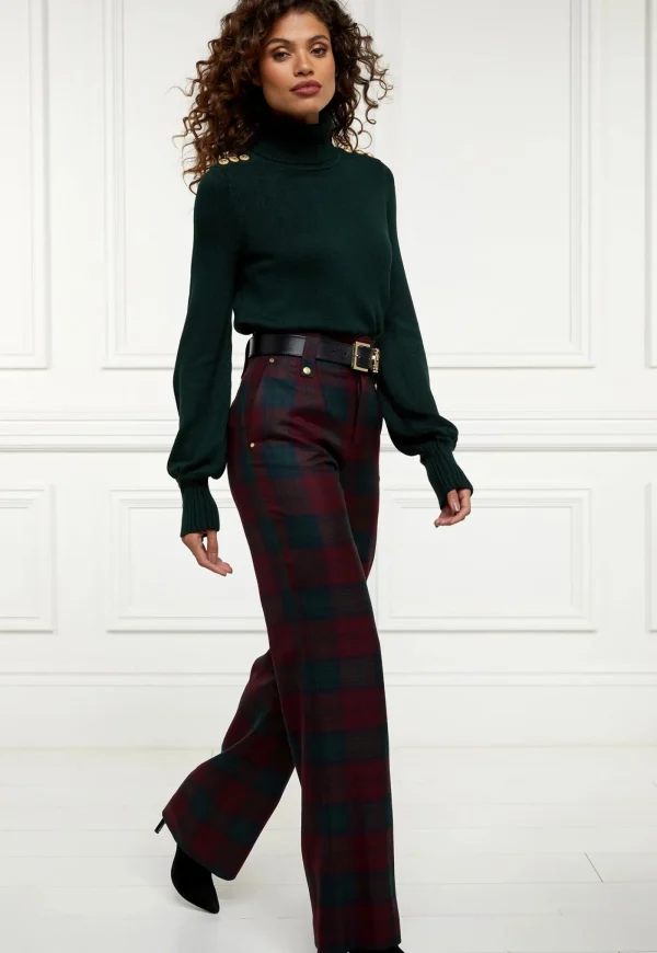 Hot High Waisted Straight Trouser - Mulberry Tartan Women Pants