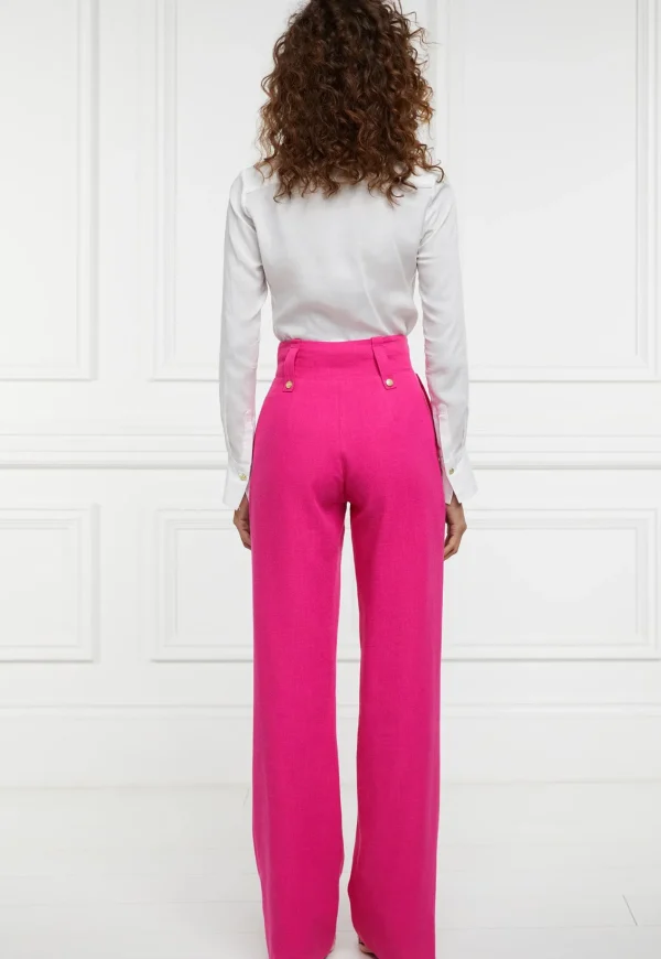 Best High Waisted Straight Trouser Linen - Hot Pink Women Pants