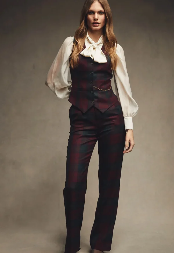 Hot High Waisted Straight Trouser - Mulberry Tartan Women Pants