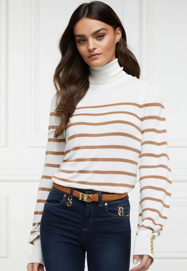 Best Kelsie Roll Neck Knit - Natural Camel Stripe Women Tops & Tees