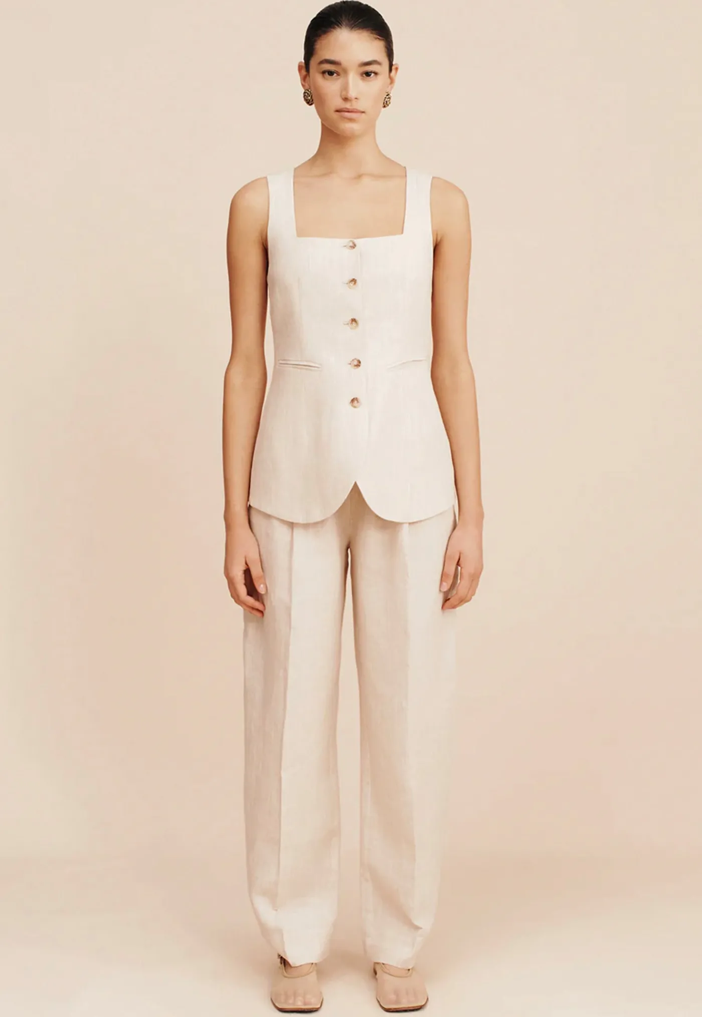 lucille_gilet__beige_pins_0.webp Clearance Lucille Gilet - Beige Pinstripe Women Tops & Tees