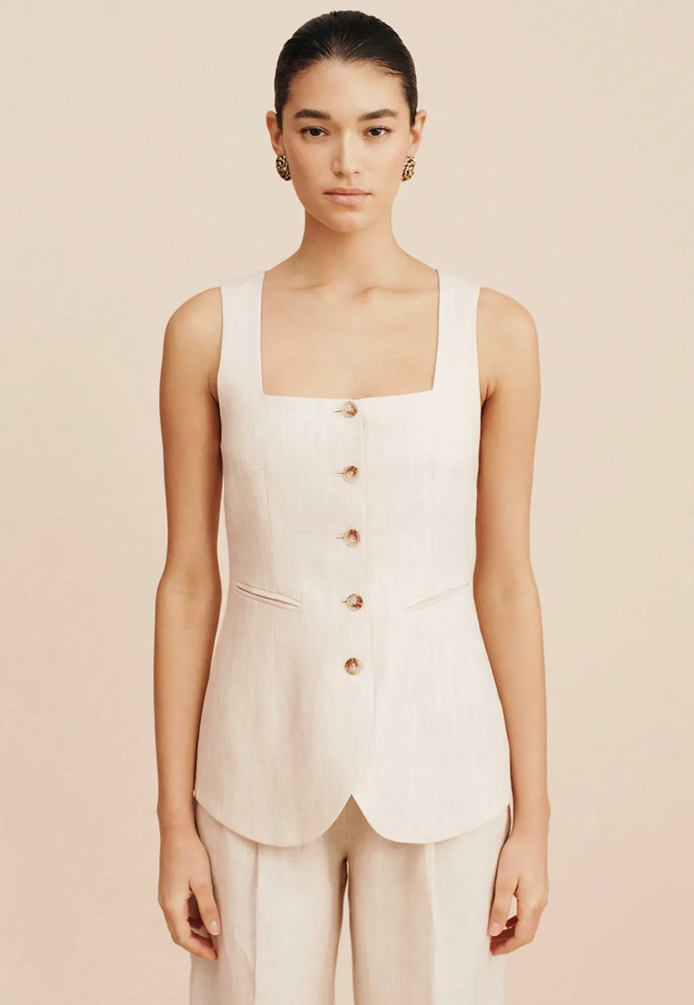 lucille_gilet__beige_pins_2.webp Clearance Lucille Gilet - Beige Pinstripe Women Tops & Tees