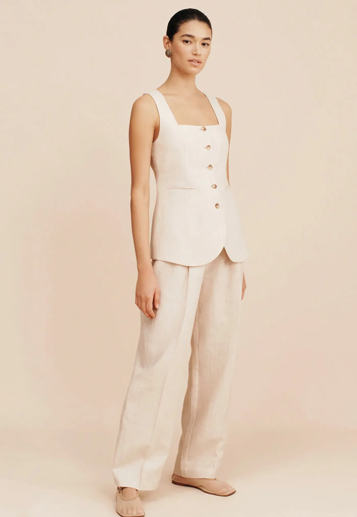lucille_gilet__beige_pins_3.webp Clearance Lucille Gilet - Beige Pinstripe Women Tops & Tees