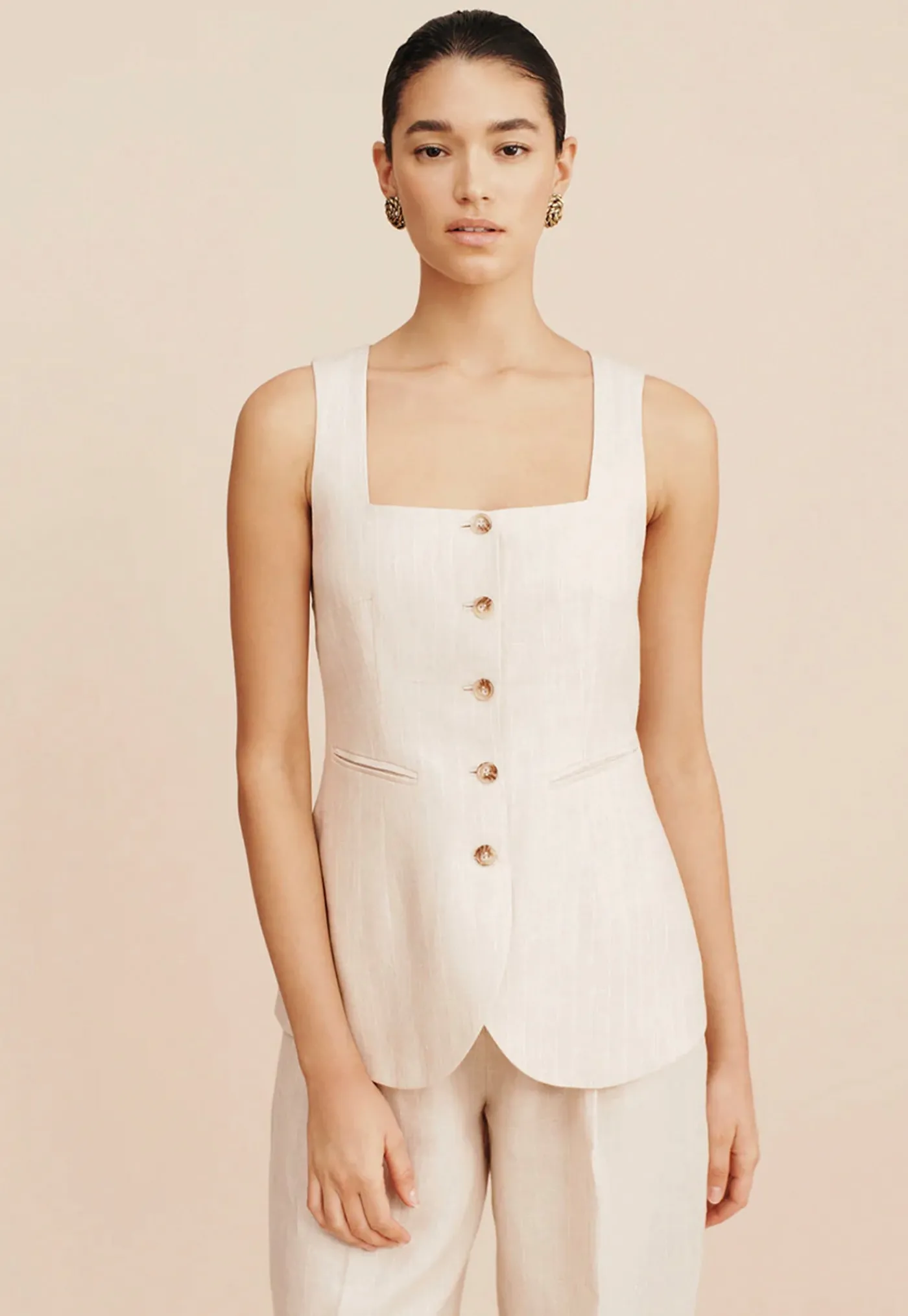lucille_gilet__beige_pins_4.webp Clearance Lucille Gilet - Beige Pinstripe Women Tops & Tees