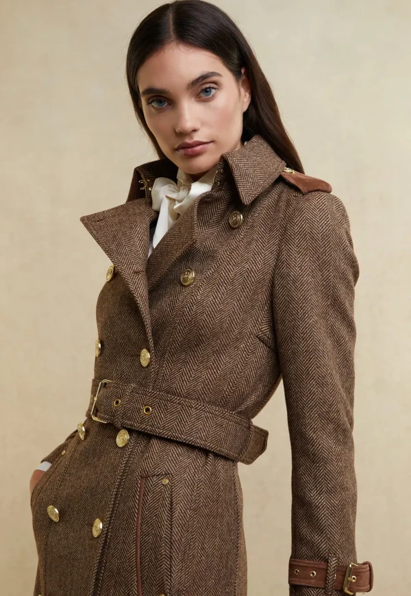 Sale Marlborough Trench Coat Full Length - Large Scale Brown Herringbone Women Coats