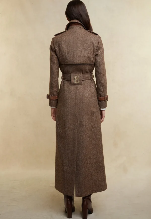 Sale Marlborough Trench Coat Full Length - Large Scale Brown Herringbone Women Coats