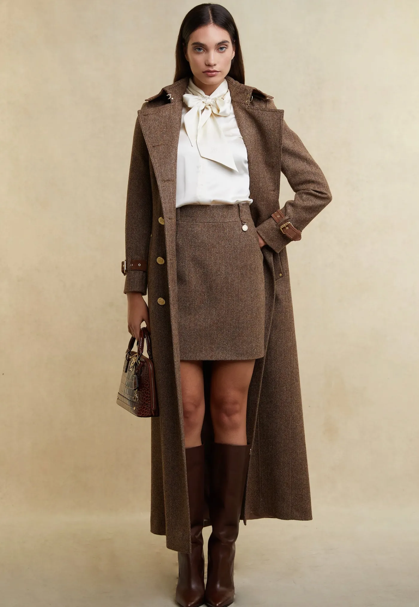 marlborough_trench_coat_f_4-2.webp Sale Marlborough Trench Coat Full Length - Large Scale Brown Herringbone Women Coats