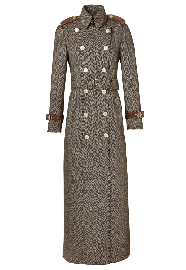 Sale Marlborough Trench Coat Full Length - Large Scale Brown Herringbone Women Coats