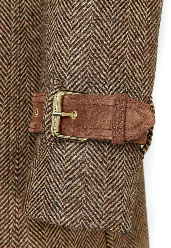 Sale Marlborough Trench Coat Full Length - Large Scale Brown Herringbone Women Coats