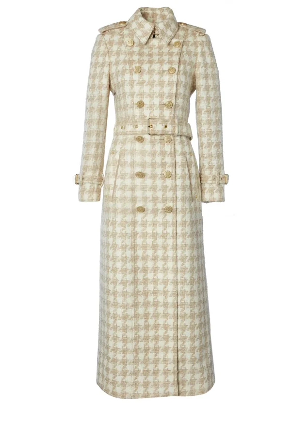 Hot Marlborough Trench Coat Full Length - Camel Houndstooth Women Coats