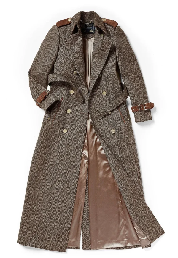 Sale Marlborough Trench Coat Full Length - Large Scale Brown Herringbone Women Coats