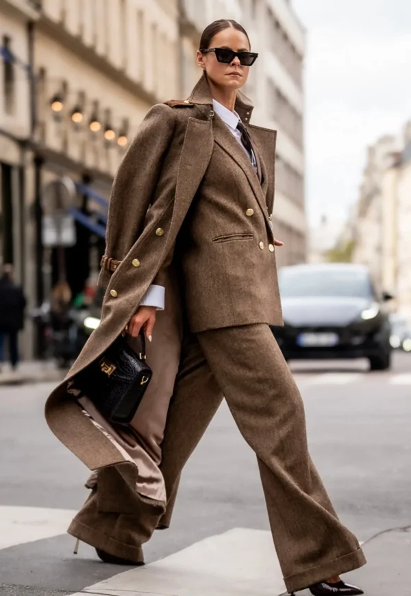Sale Marlborough Trench Coat Full Length - Large Scale Brown Herringbone Women Coats