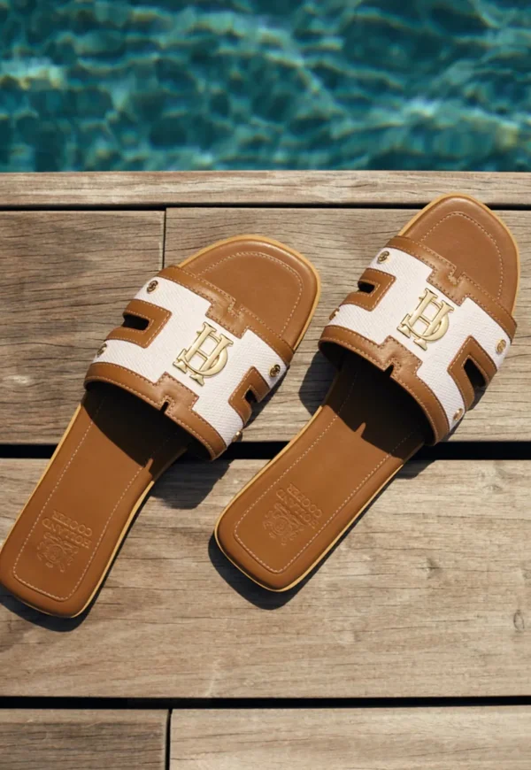 Fashion Monogram Slides - Tan Canvas Women Footwear | Slides & Sandals