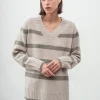 New N.327 Cashmere Blend Stripe V Neck - Woodland Women Knitwear