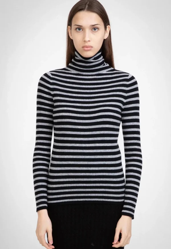 Hot N.32 Cashmere Skinny Rib Polo - Black/Light Grey Women Tops & Tees | Knitwear