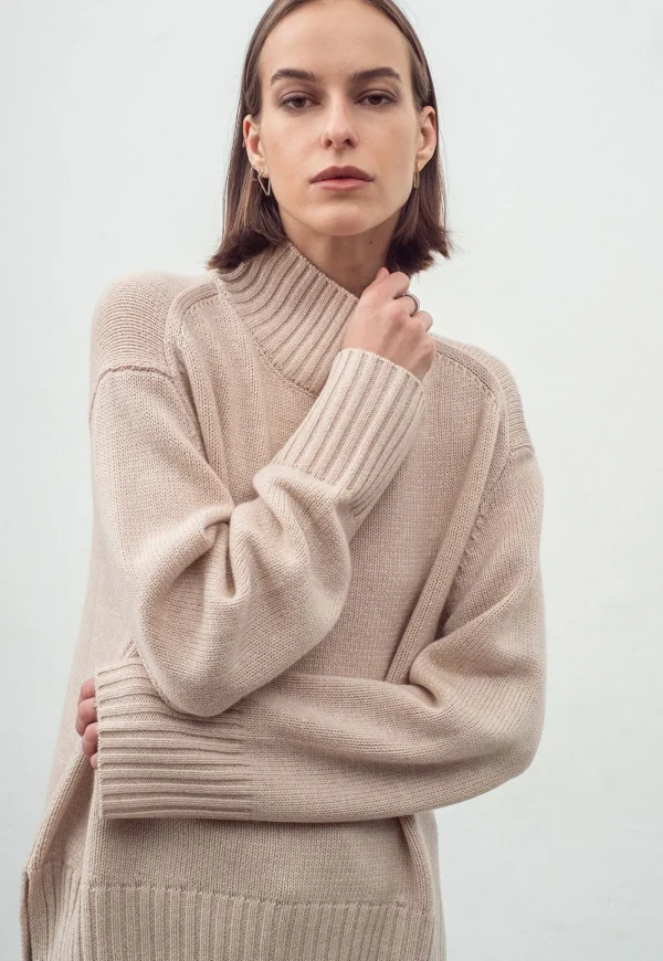 Fashion N.325 Funnel Neck Pullover - Shell Beige Women Knitwear