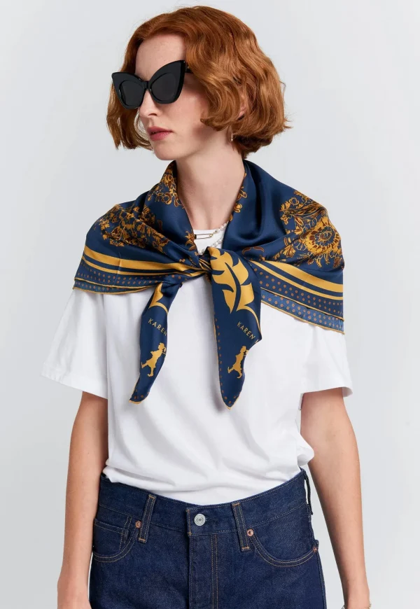 Clearance Porcelain Plate Classic Silk Scarf - Navy/Antique Gold Women Scarves | Scarves