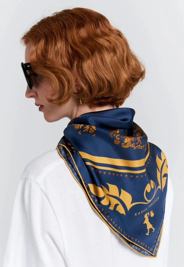 Clearance Porcelain Plate Classic Silk Scarf - Navy/Antique Gold Women Scarves | Scarves