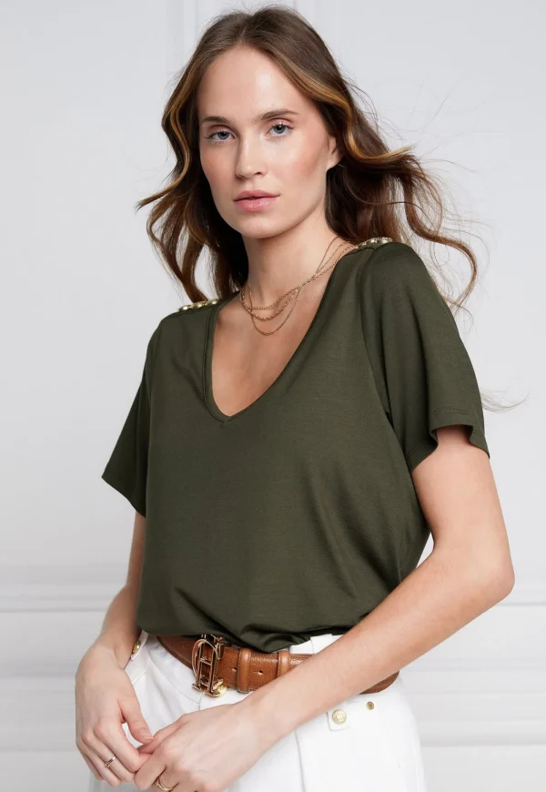 New Relaxed Fit V Neck Tee - Khaki Women Tops & Tees