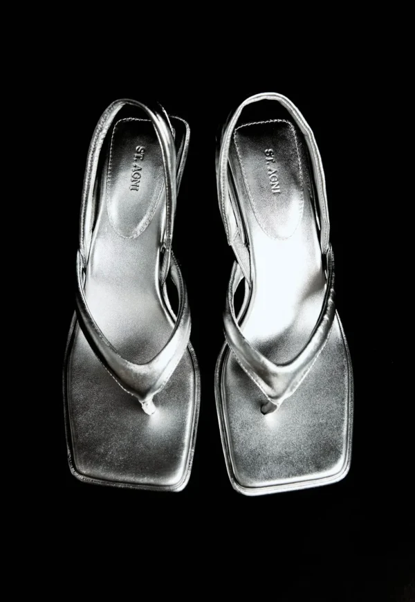 Clearance Sling Back Thong Heel - Silver Women Footwear | Heels