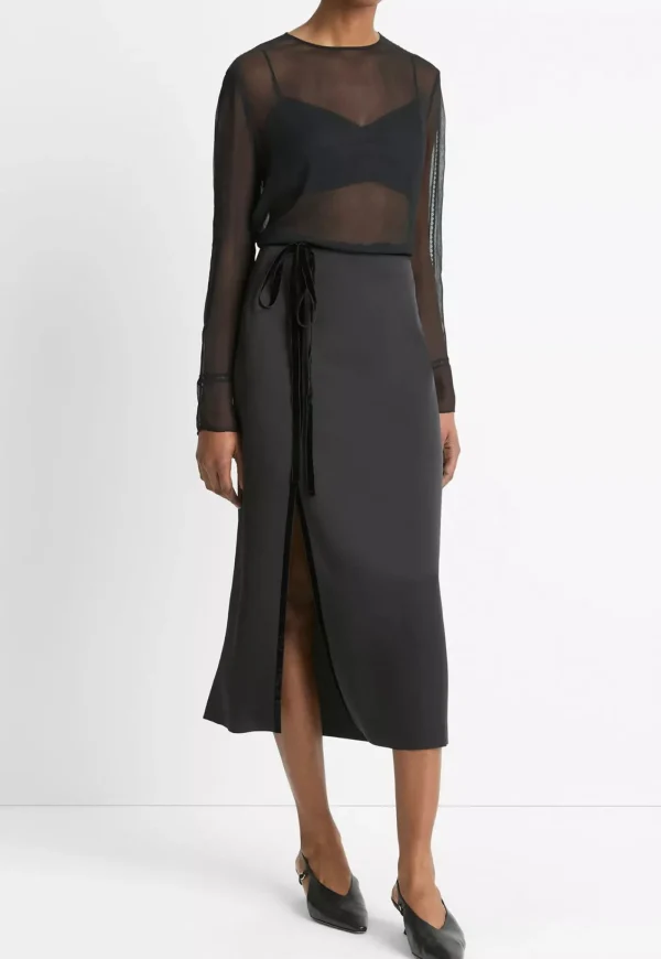 Discount Velvet Trim Side Slit Skirt - Black Women Skirts